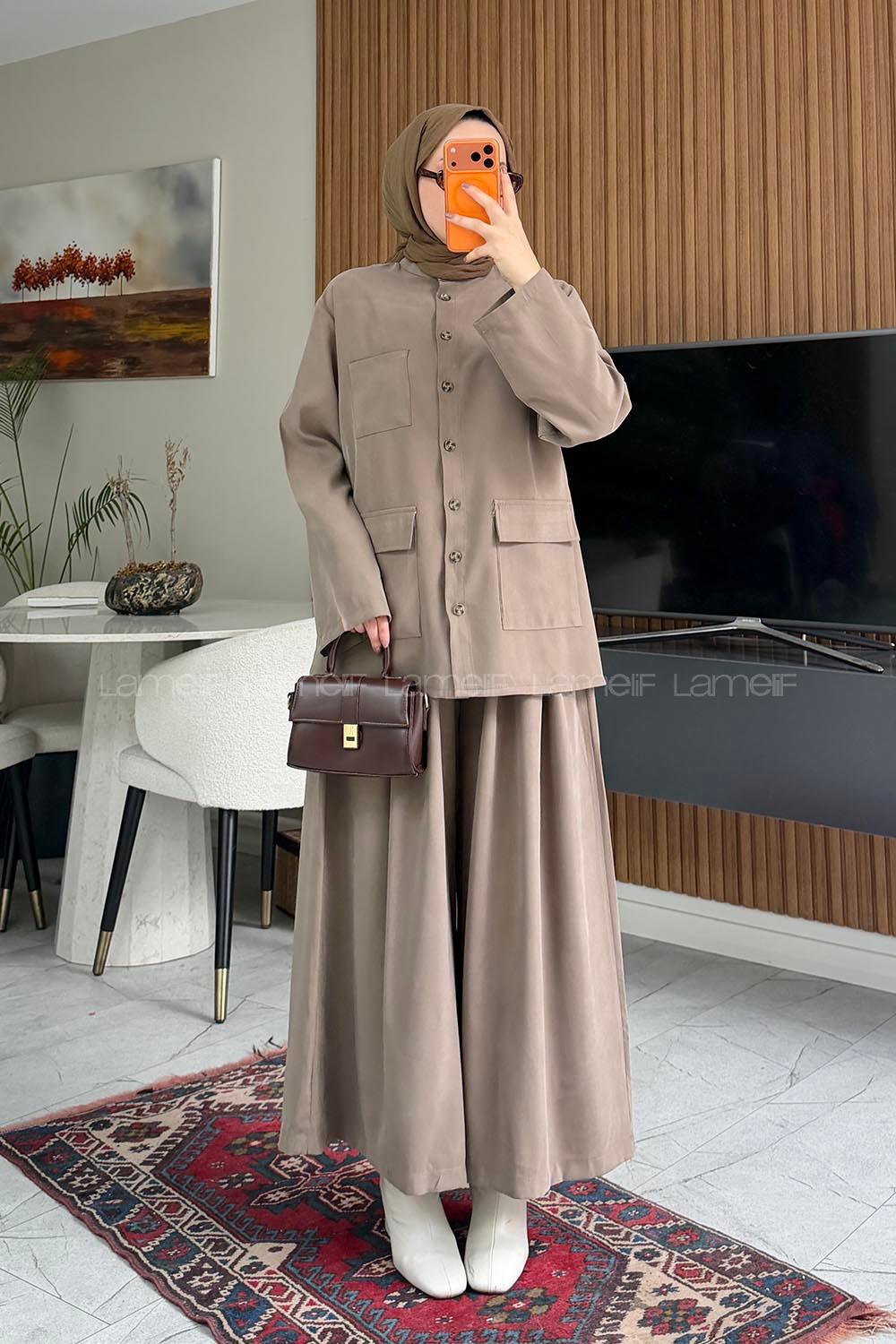 Lamelif Cep Detaylı Düğme Kapamalı Ceket İkili Takım Vizonrengi
