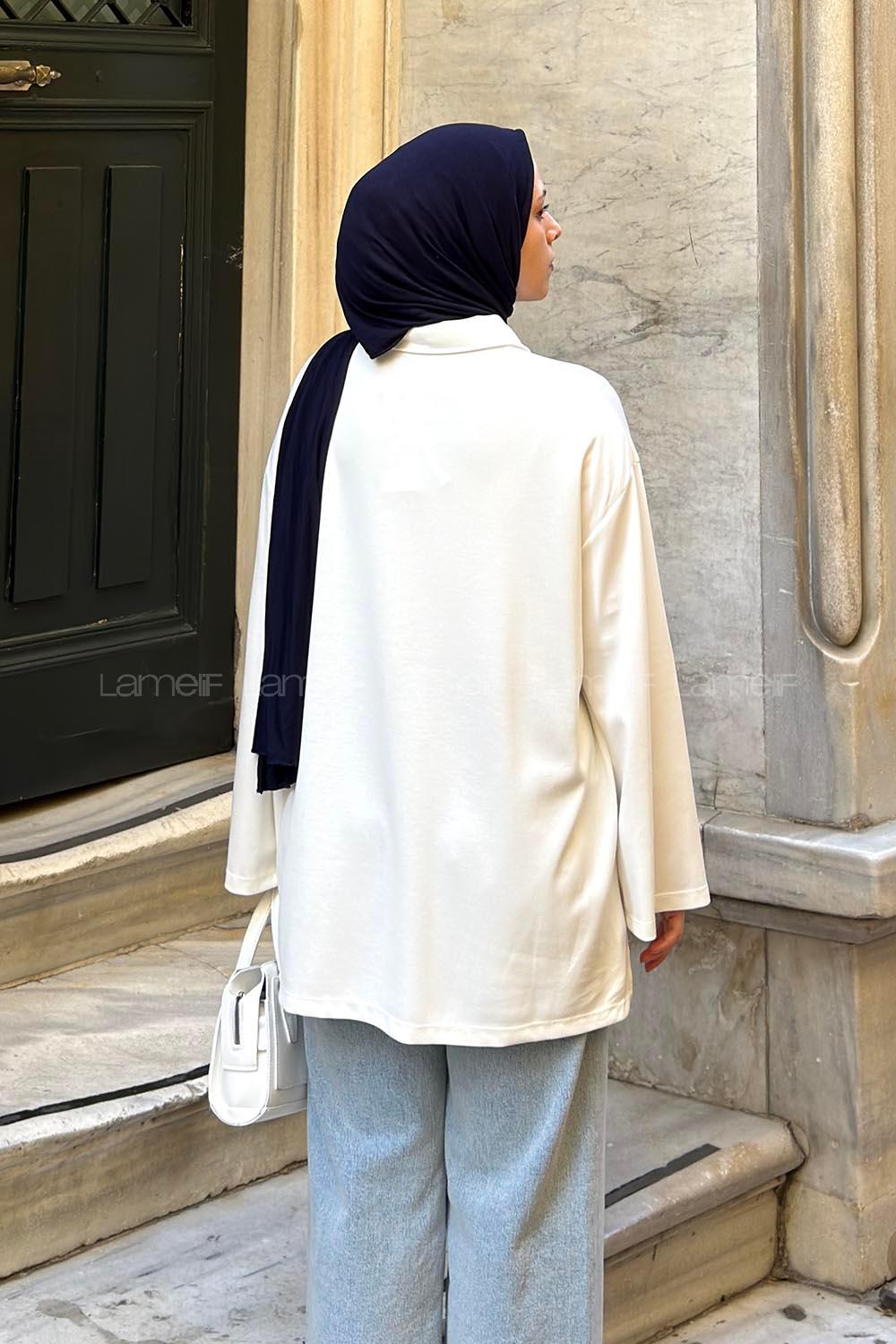 Lamelif Düğmeli Polo Yaka Oysho Kumaş Tunik Ekru