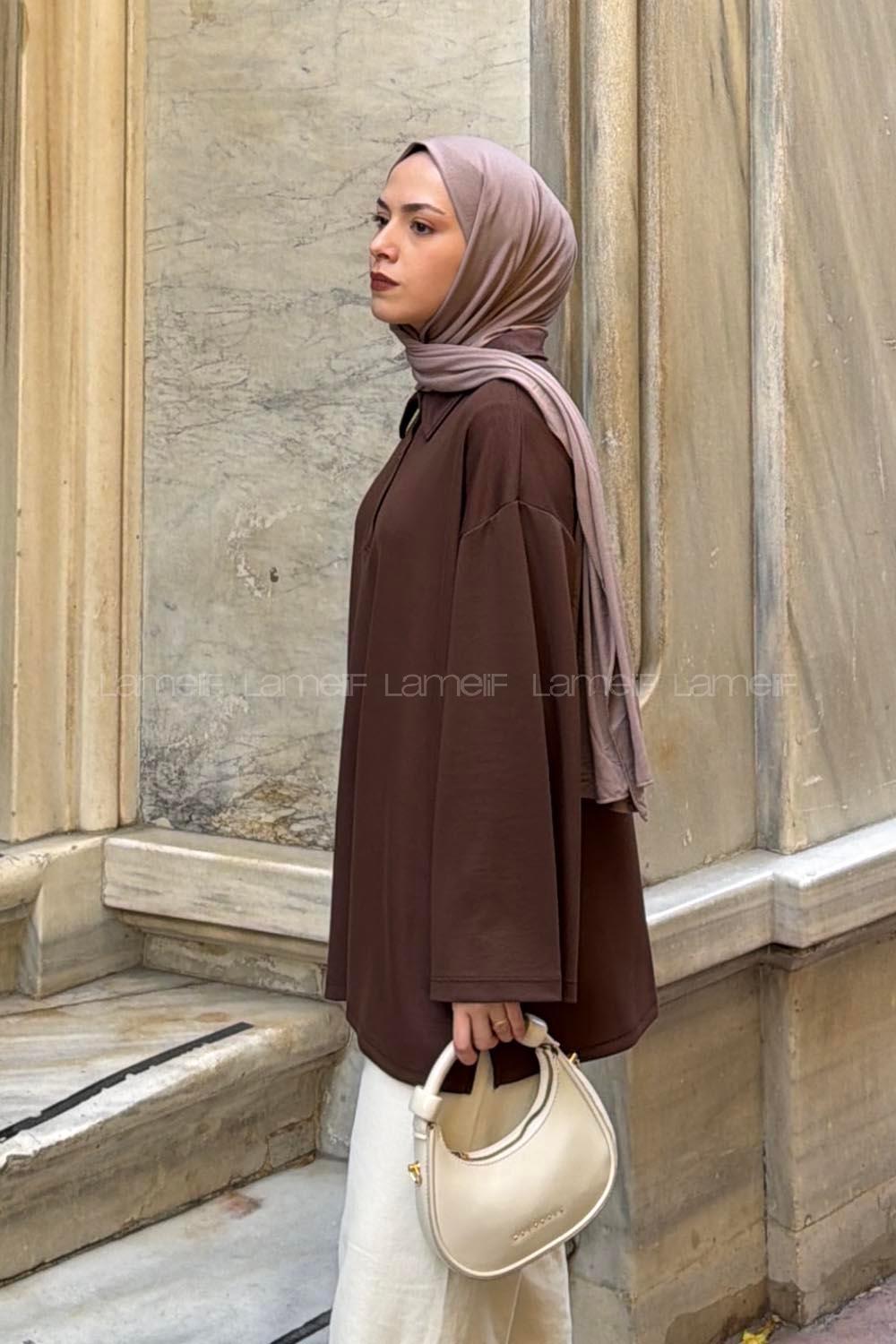 Lamelif Düğmeli Polo Yaka Oysho Kumaş Tunik Kahverengi