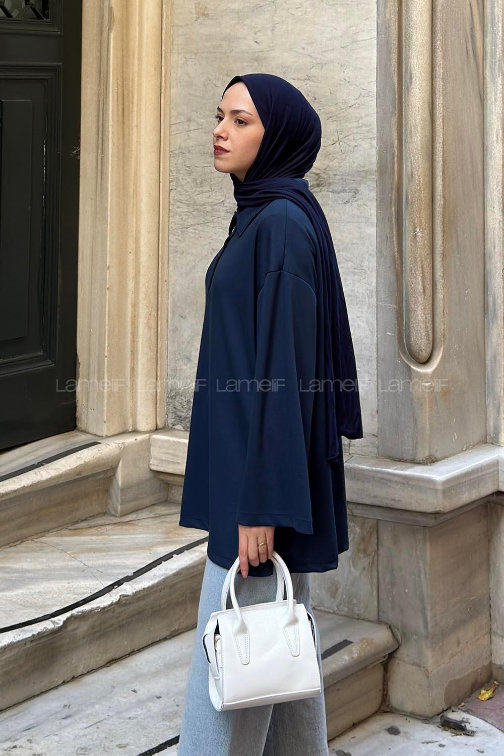 Lamelif Düğmeli Polo Yaka Oysho Kumaş Tunik Lacivert