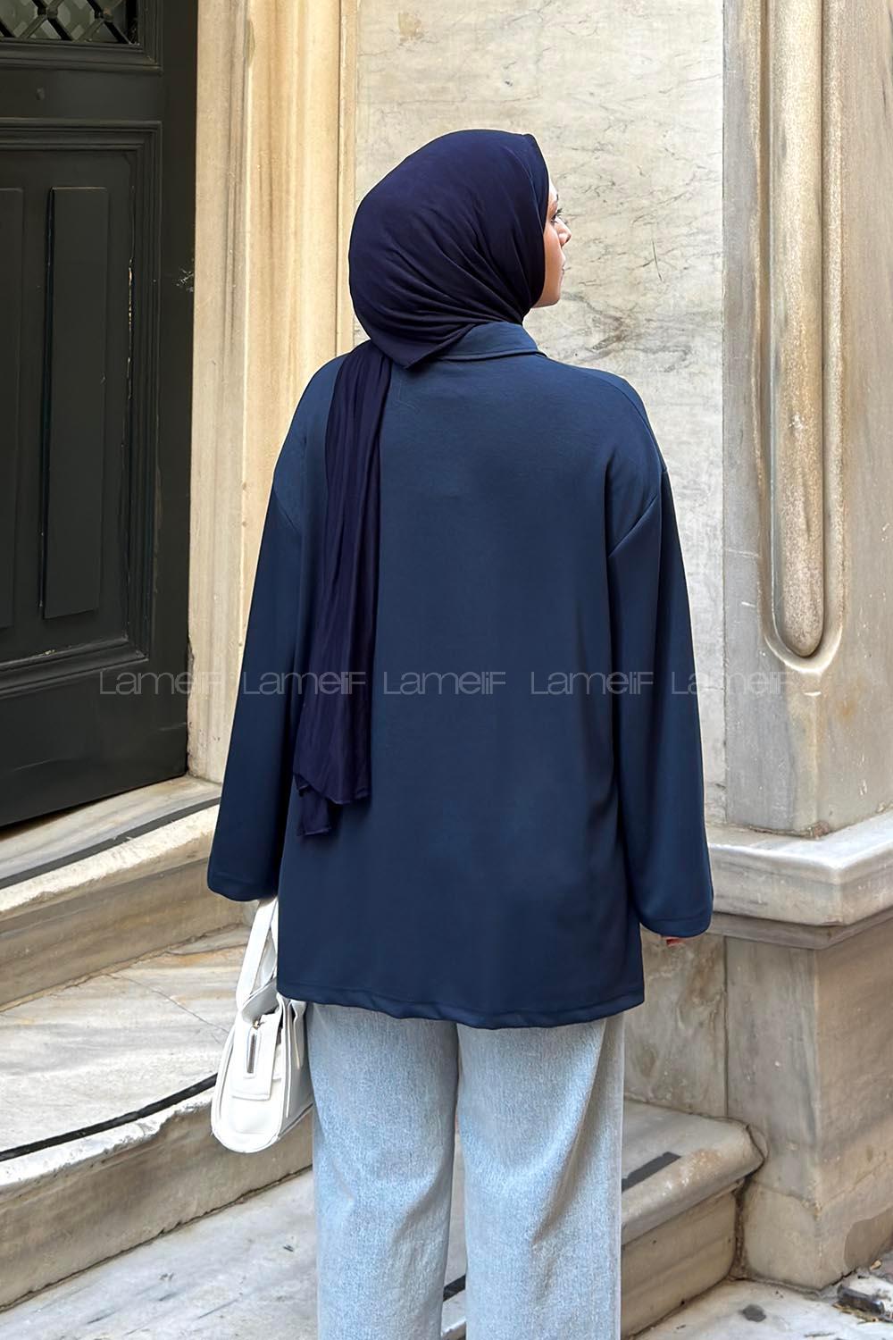 Lamelif Düğmeli Polo Yaka Oysho Kumaş Tunik Lacivert
