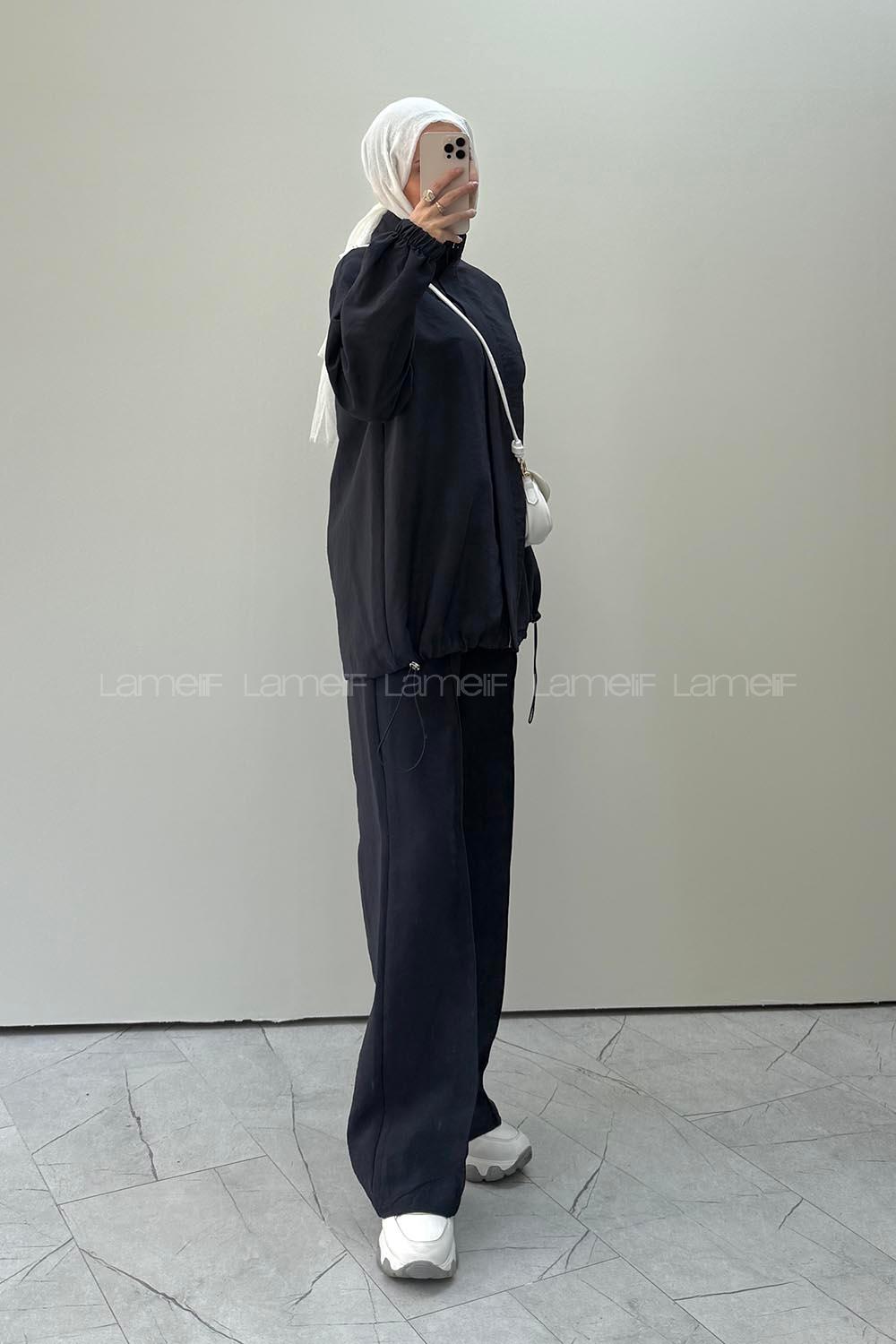 Navy Blue Neckband Long Arm Parachute Fabric Regular Trousers Comfortable Suit