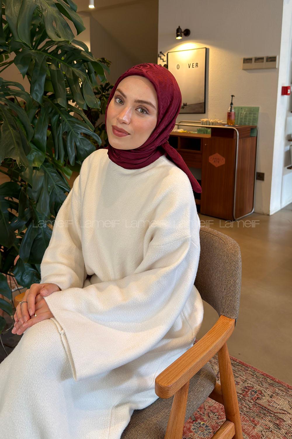 Lamelif GG Desen Ayrobin Floş Jakar Eşarp Bordo