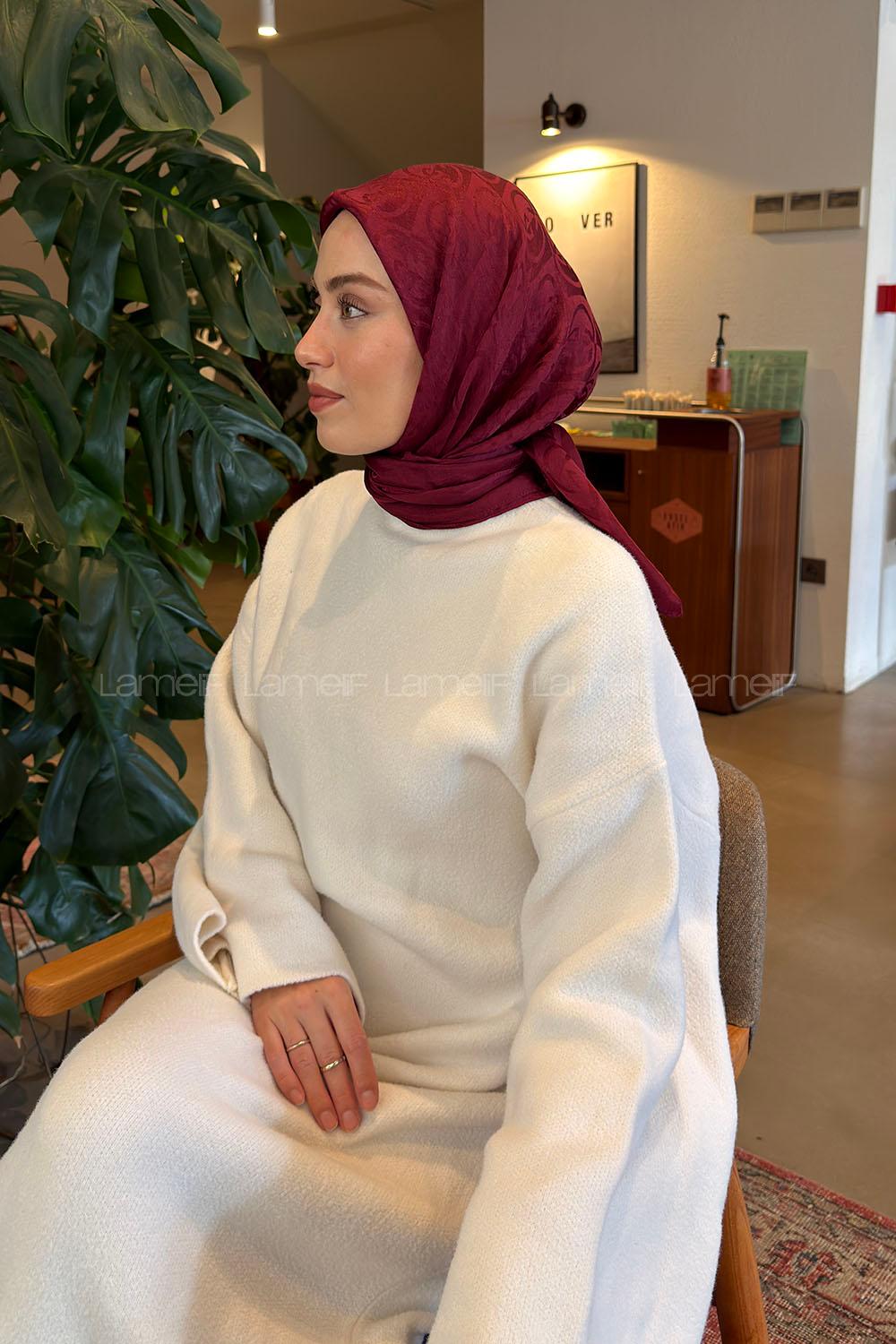 Lamelif GG Desen Ayrobin Floş Jakar Eşarp Bordo