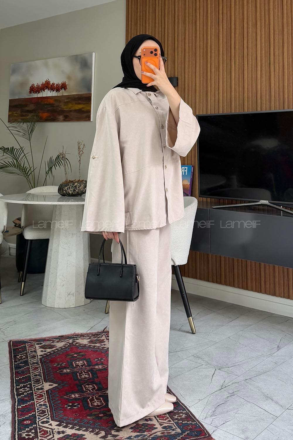 Lamelif Gömlek Yaka Arka Düğme Aksesuarlı İkili Takım Taş Rengi