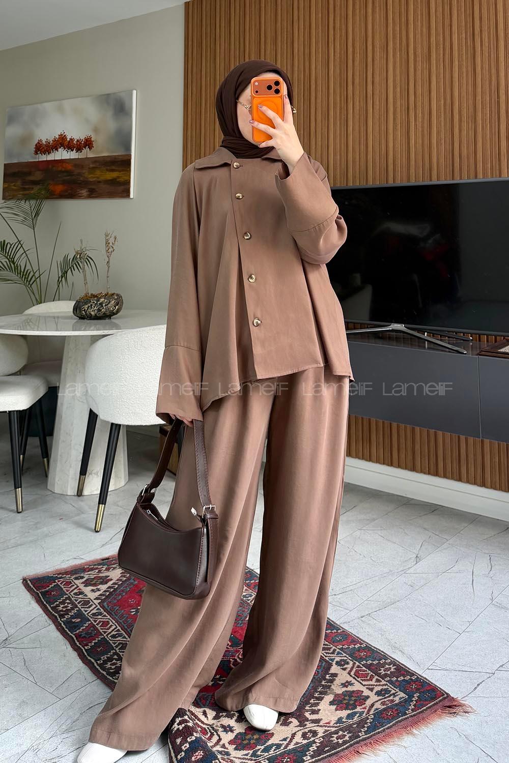 Lamelif Gömlek Yaka Tasarım Düğme Kapamalı İkili Takım Kahverengi