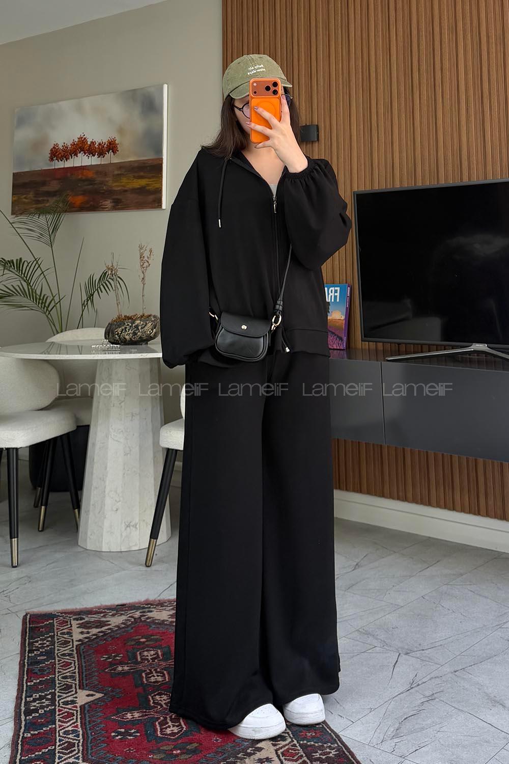 Lamelif Regular Fit Kapüşonlu Fermuarlı Hırka İkili Takım Siyah