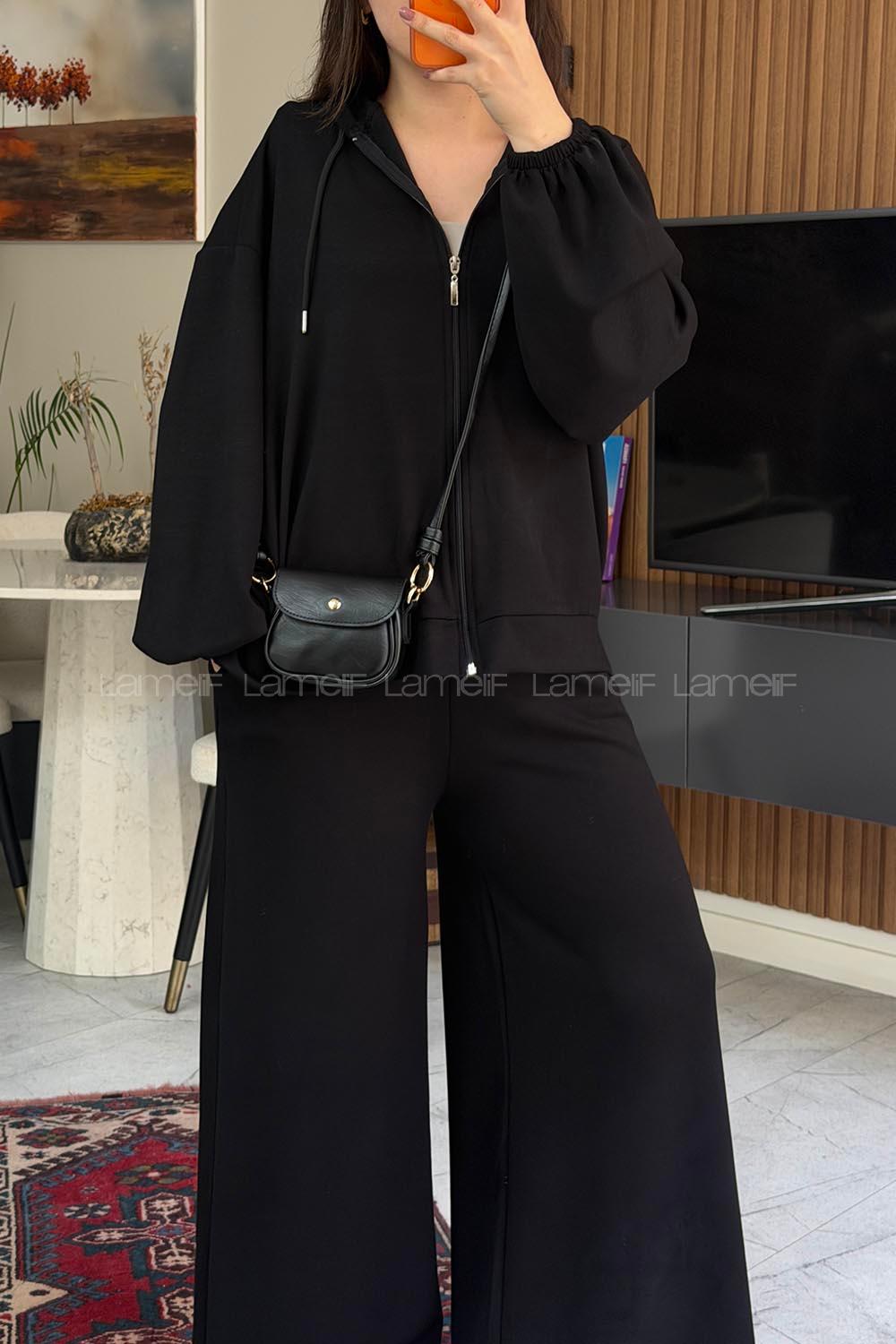 Lamelif Regular Fit Kapüşonlu Fermuarlı Hırka İkili Takım Siyah