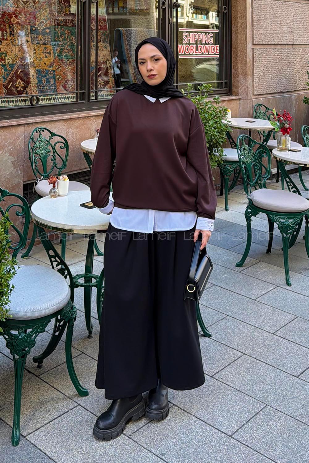 Lamelif Sweat Gömlek Garnili Tunik Kahve