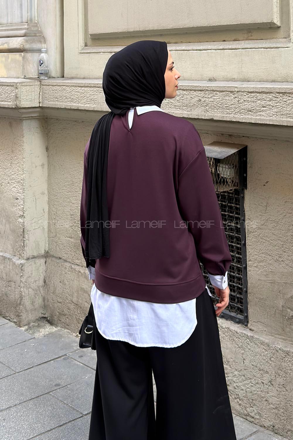 Lamelif Sweat Gömlek Garnili Tunik Mürdüm