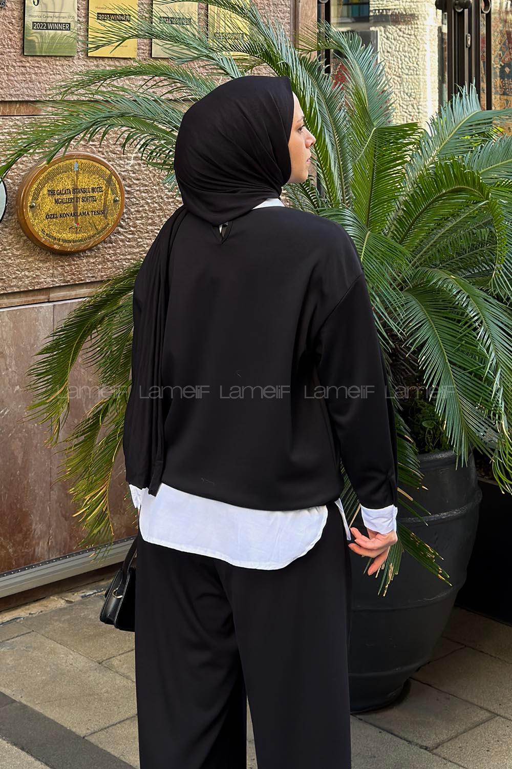 Lamelif Sweat Gömlek Garnili Tunik Siyah