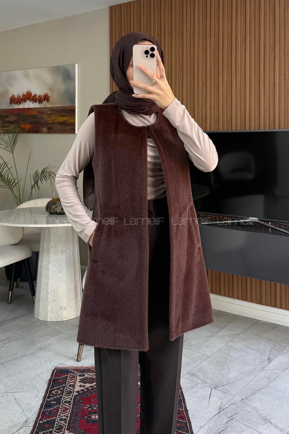 Lamelif Cep Detaylı Yelek Kahverengi