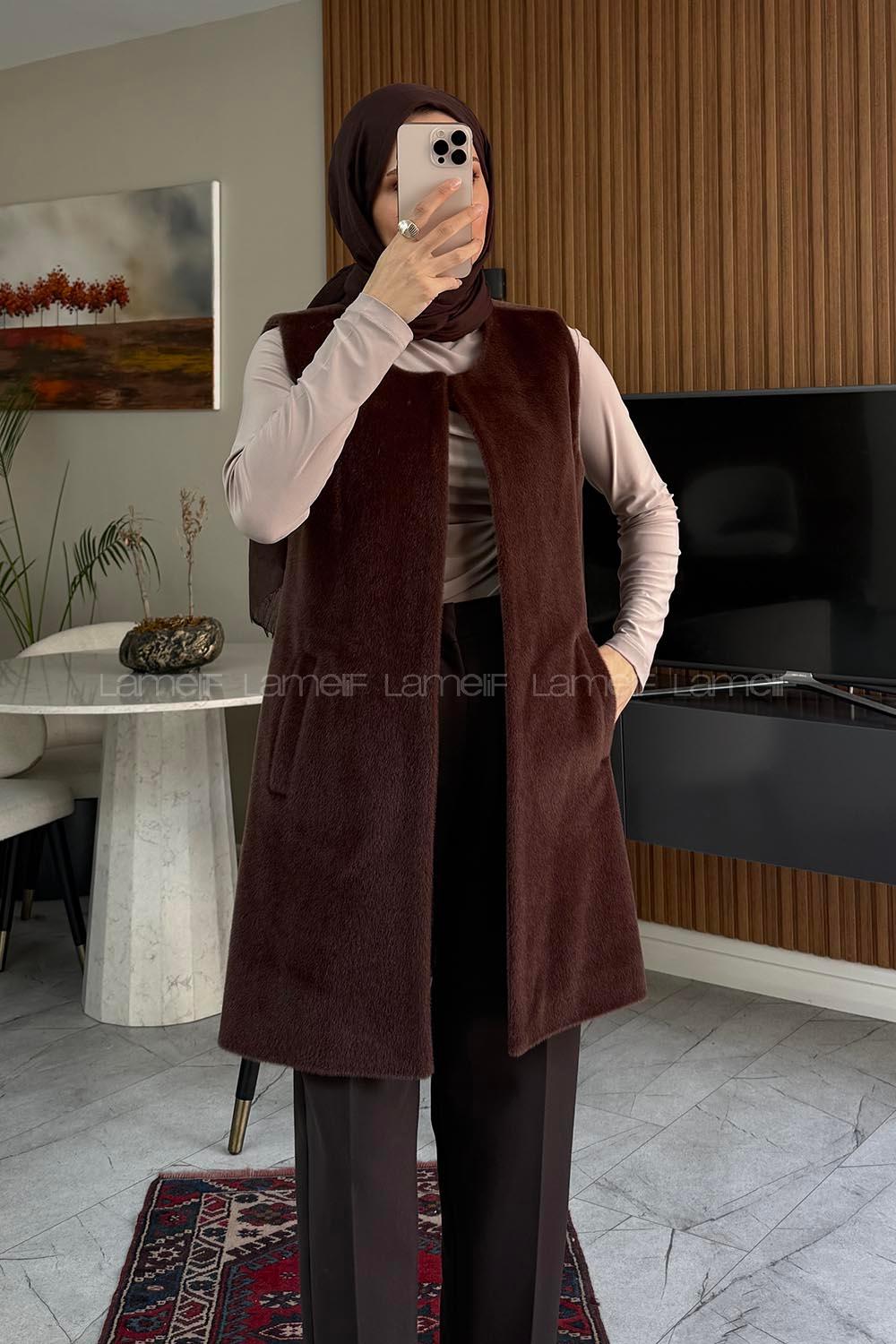 Lamelif Cep Detaylı Yelek Kahverengi