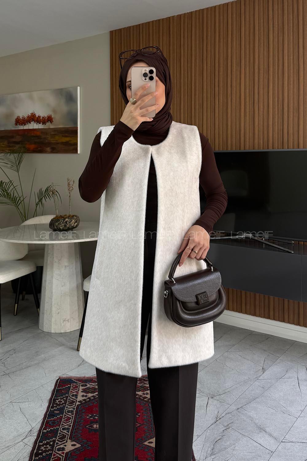 Lamelif Cep Detaylı Yelek Krem