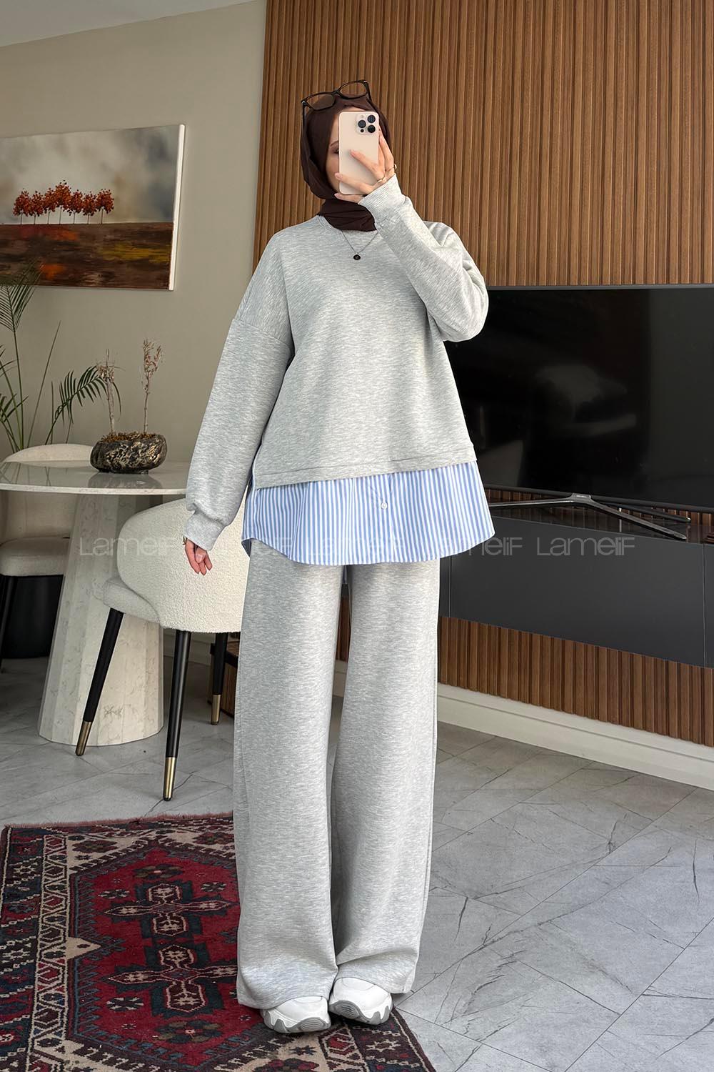 Lamelif Gömlek Detaylı Sweat İkili Takım Gri