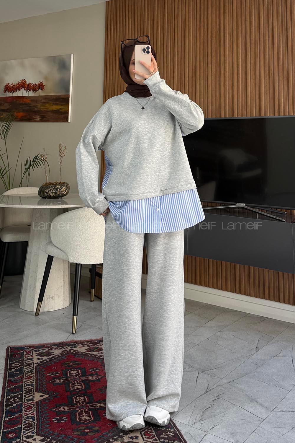 Lamelif Gömlek Detaylı Sweat İkili Takım Gri