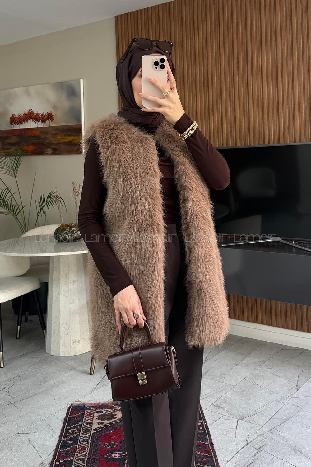 Lamelif Kürk Yelek Vizonrengi