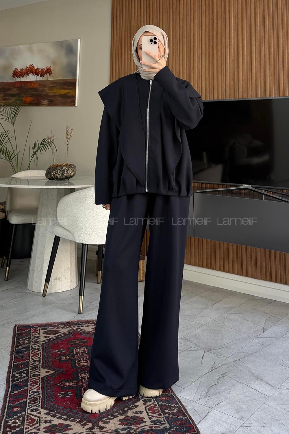 Navy Blue Crew Neck Long Arm With Zipper Regular Trousers Pleated Suit