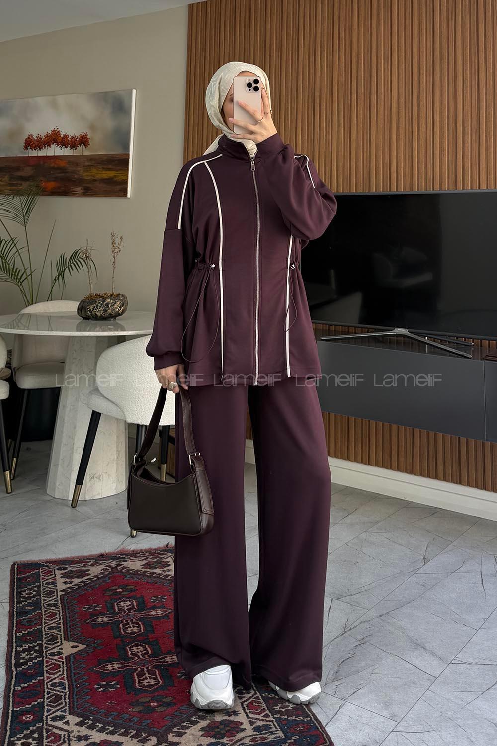 Plum Neckband Long Arm Modal Regular Trousers Comfortable Suit