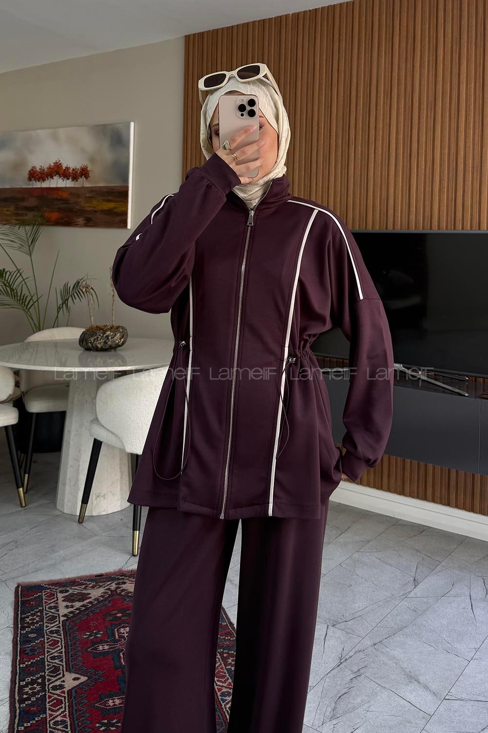 Plum Neckband Long Arm Modal Regular Trousers Comfortable Suit