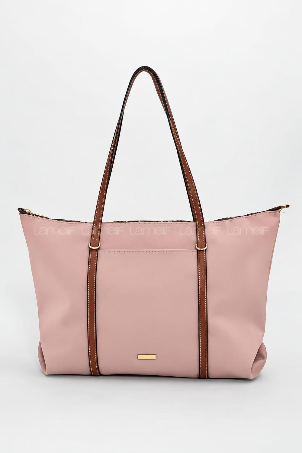 Lamelif Şeritli Shopper Kadın Omuz Çantası Pembe
