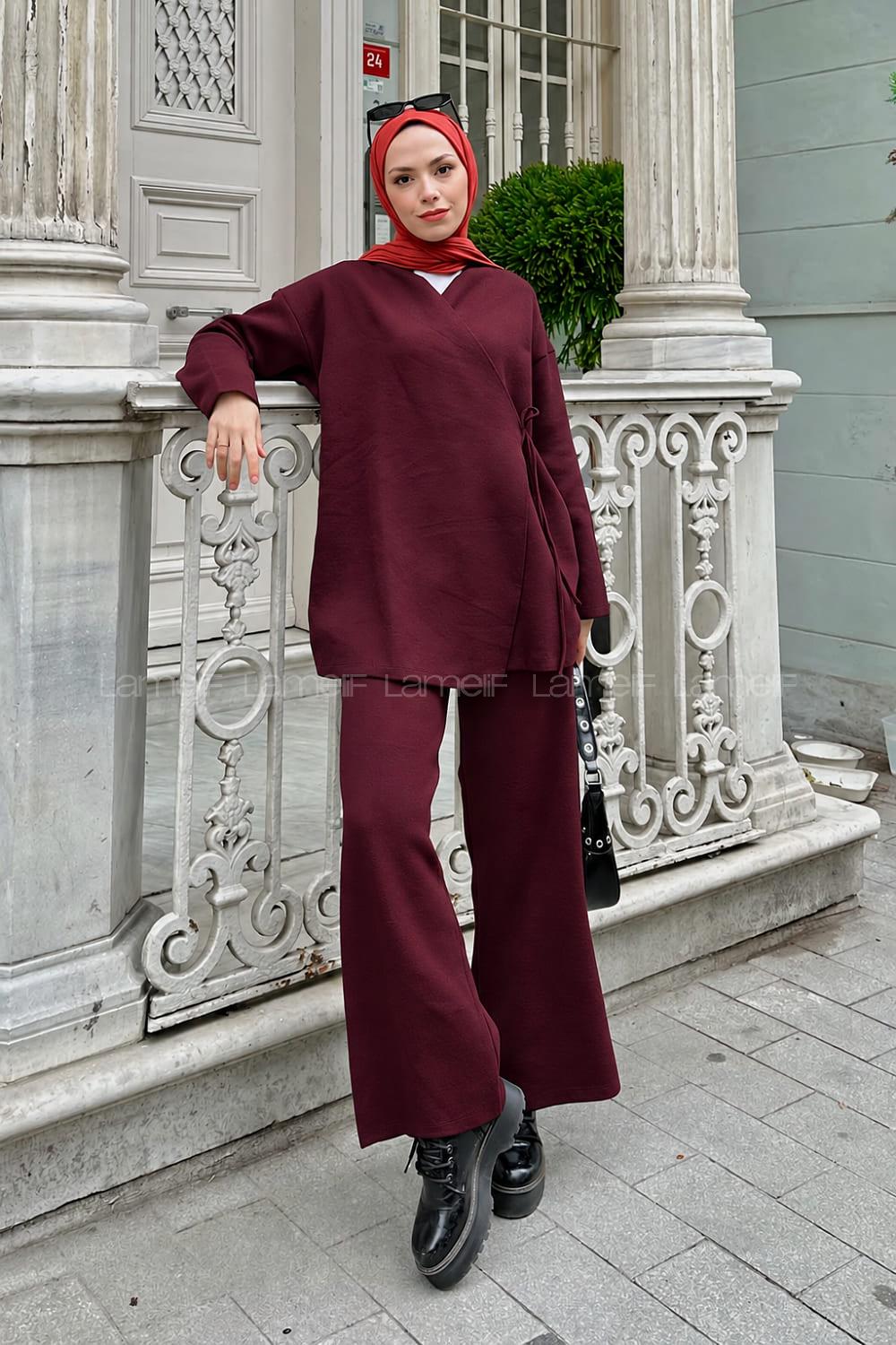 Claret Red Scarf Neck Knitwear Regular Trousers Comfortable Suit