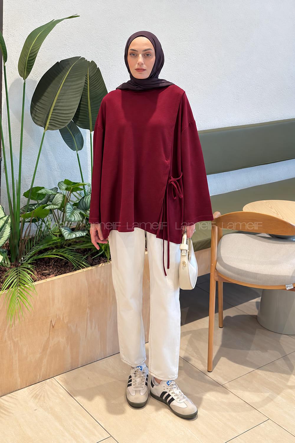 Lamelif Yan Biye Bağlamalı Tunik Bordo