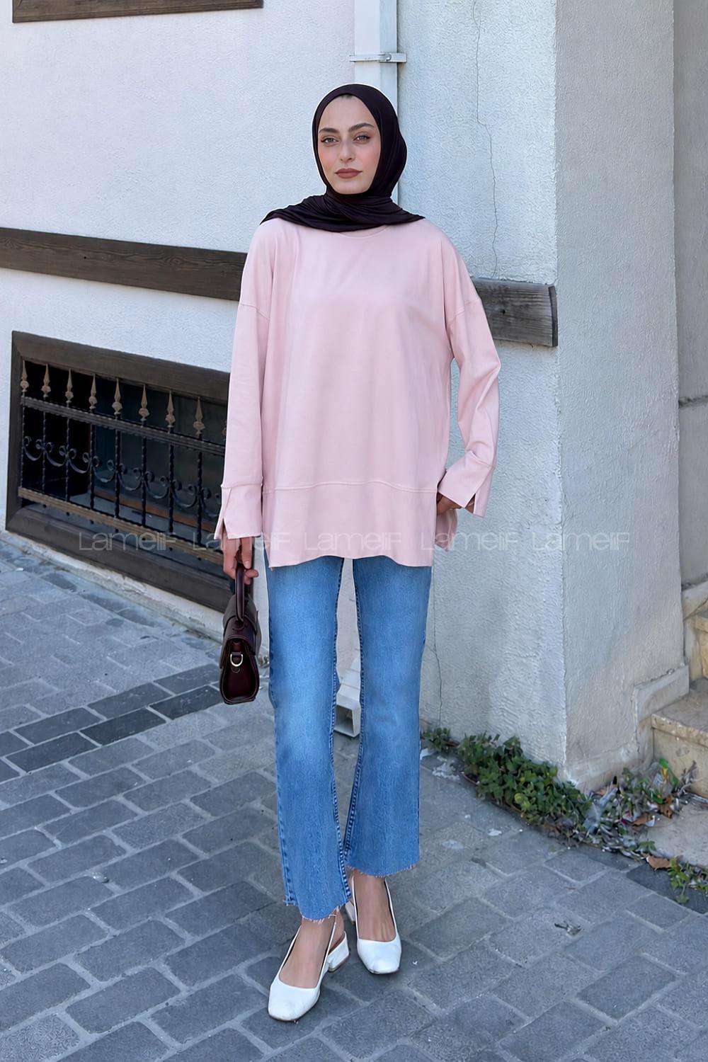 Lamelif Yırtmaç Detaylı Oysho Sweat Pudra Rengi