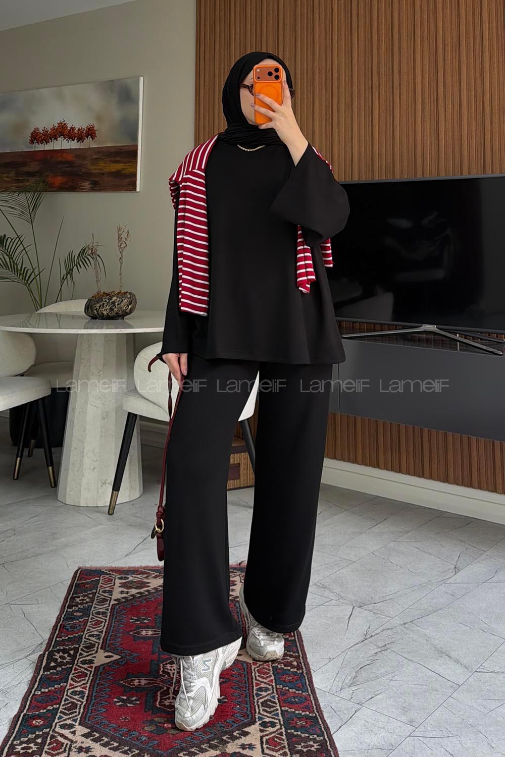 Black Crew Neck Long Arm Without Accessories Regular Trousers Suit