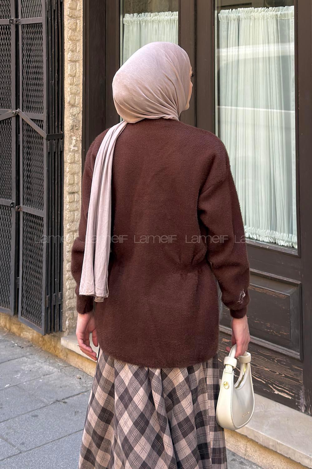Lamelif Beli Lastikli Gold Düğmeli Hırka Acı Kahve