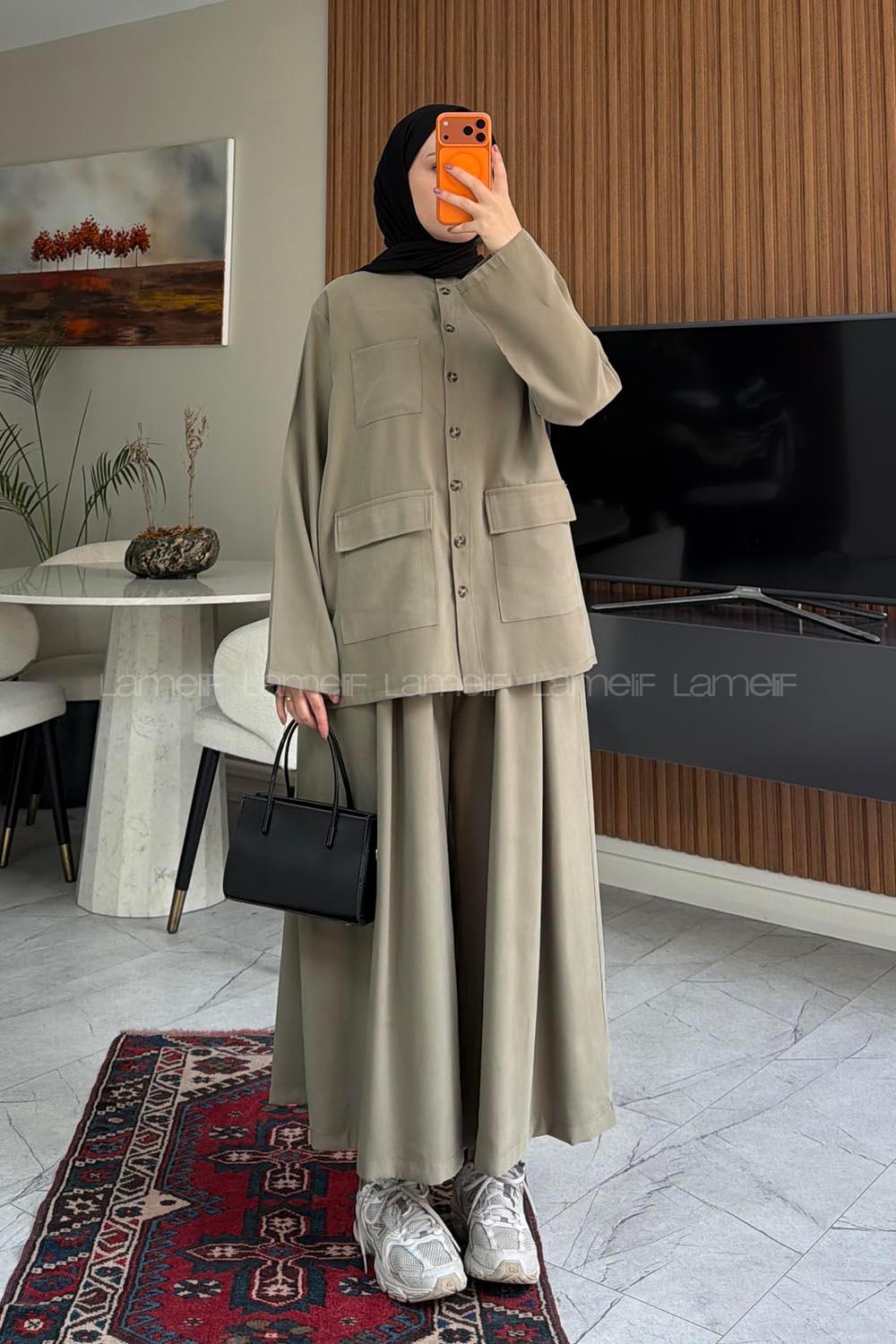 Lamelif Cep Detaylı Düğme Kapamalı Ceket İkili Takım Haki
