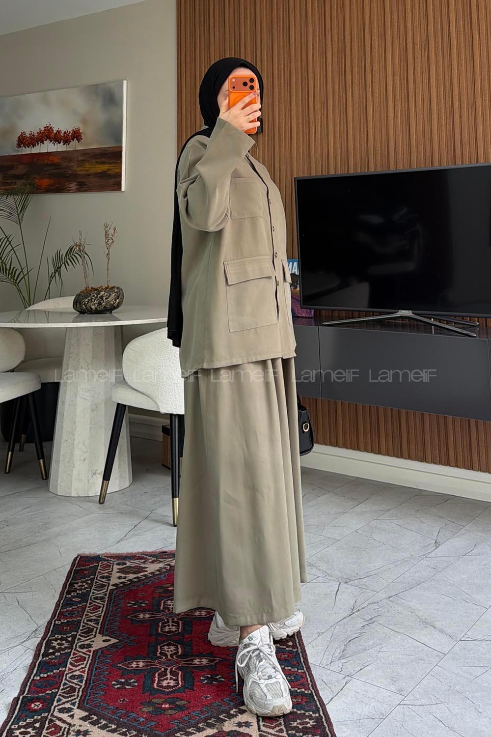 Lamelif Cep Detaylı Düğme Kapamalı Ceket İkili Takım Haki