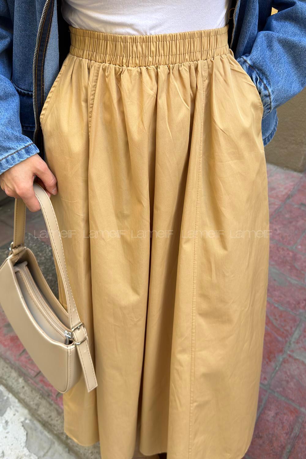Lamelif Cep Detaylı Kloş Etek Camel