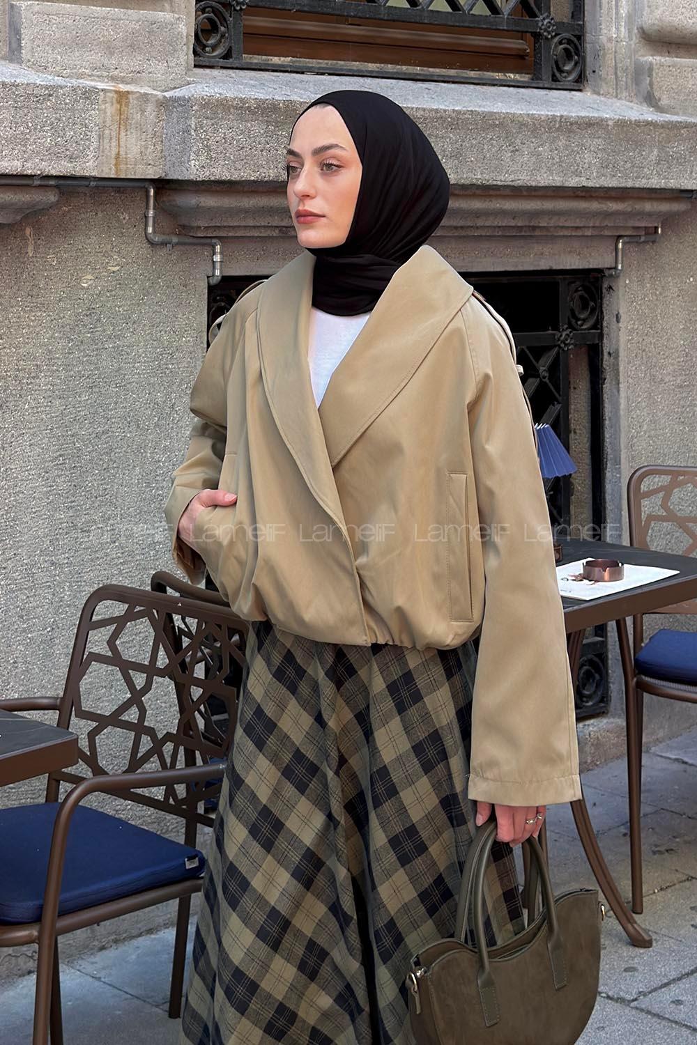 Army Green Scarf Neck Long Arm Lycra Polyester Jacket
