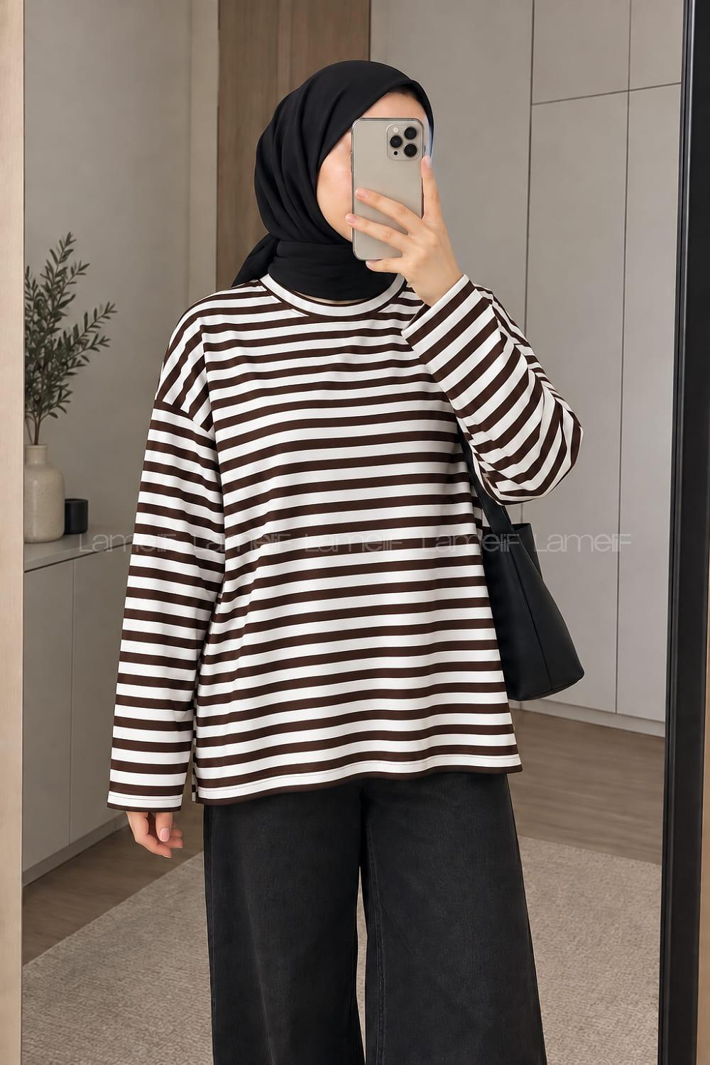 Lamelif Çizgili Oysho Sweat Acı Kahve