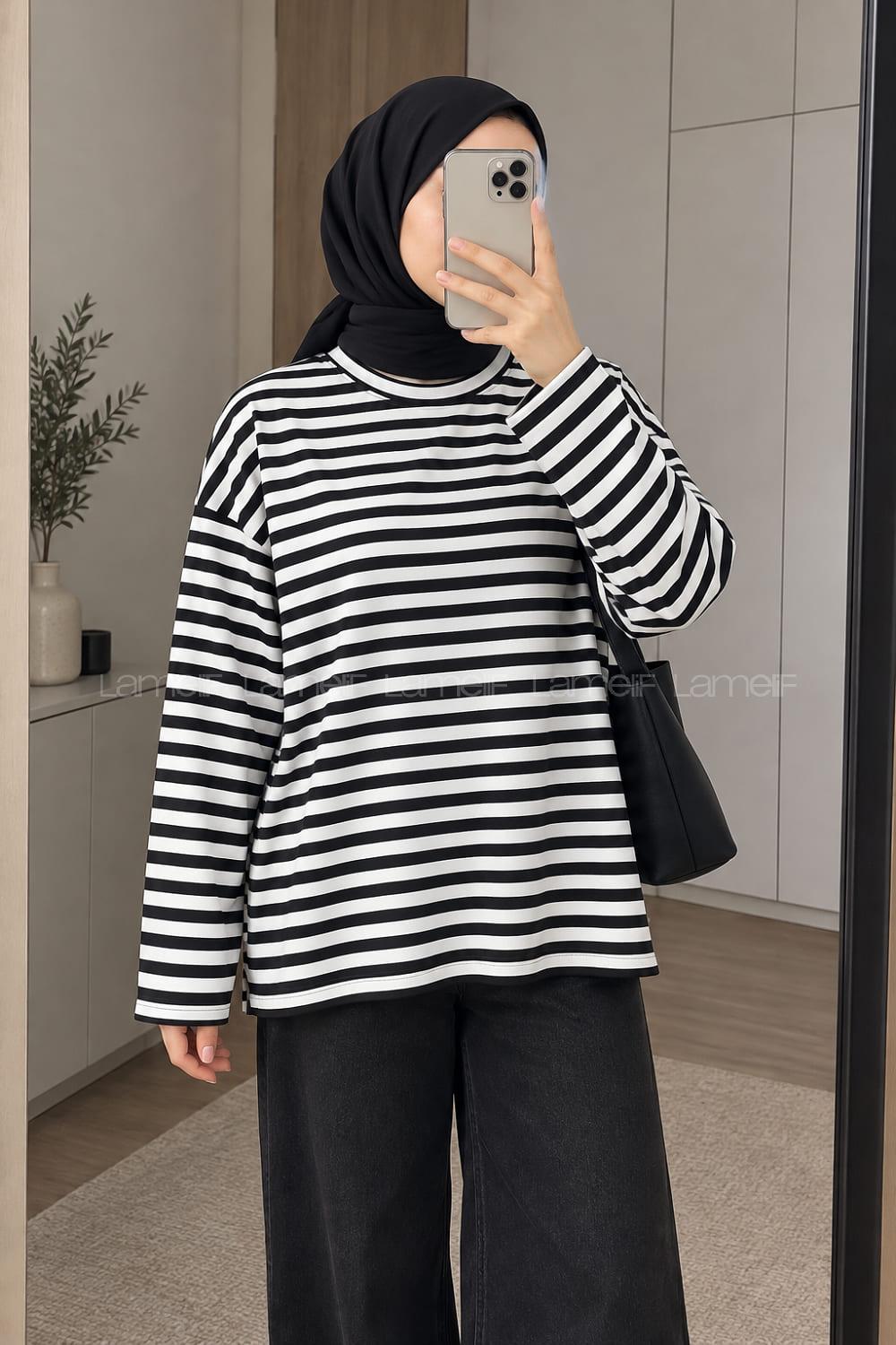 Lamelif Çizgili Oysho Sweat Siyah