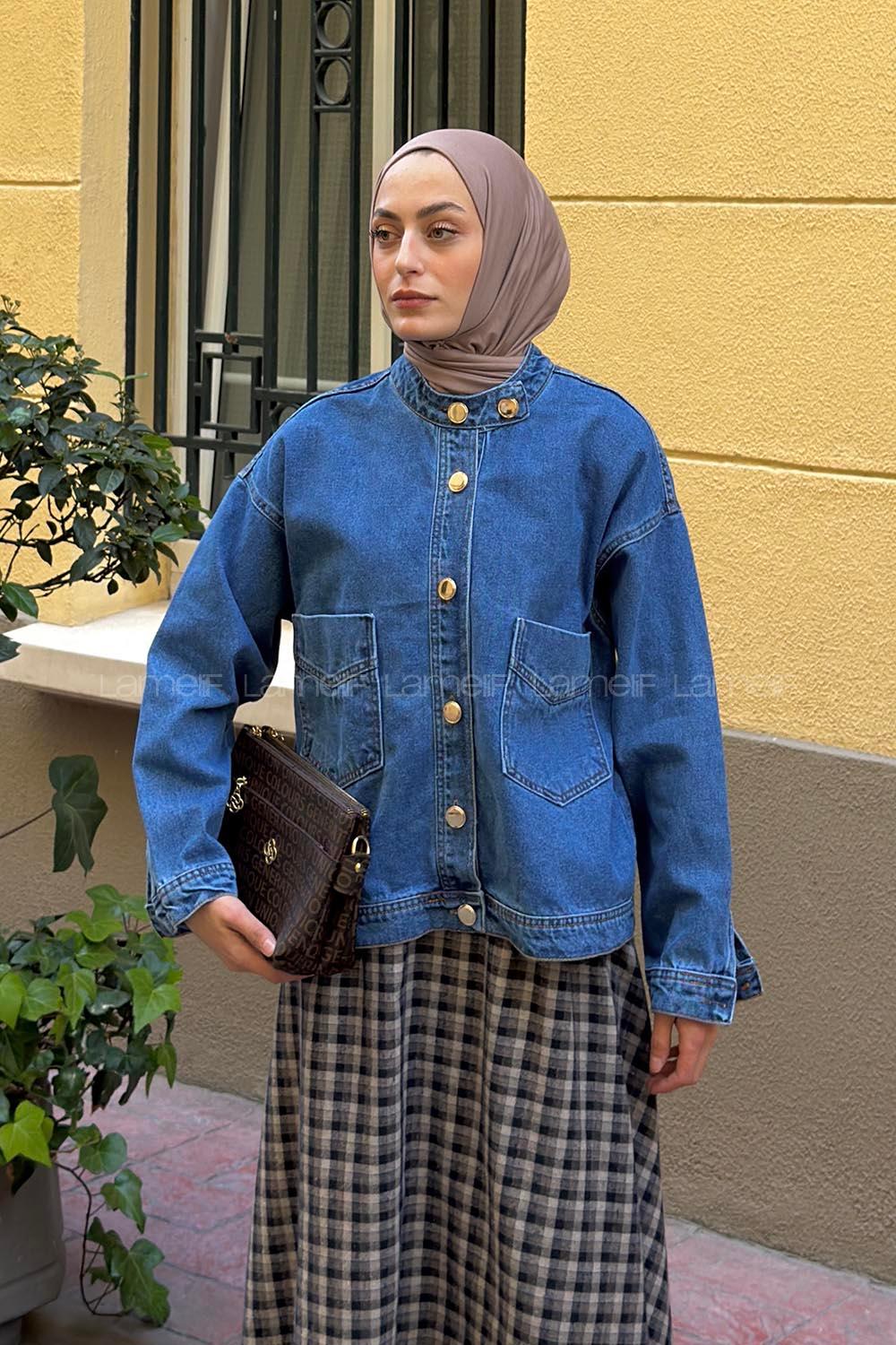 Lamelif Düğmeli Çift Cepli Denim Ceket Kot Mavisi
