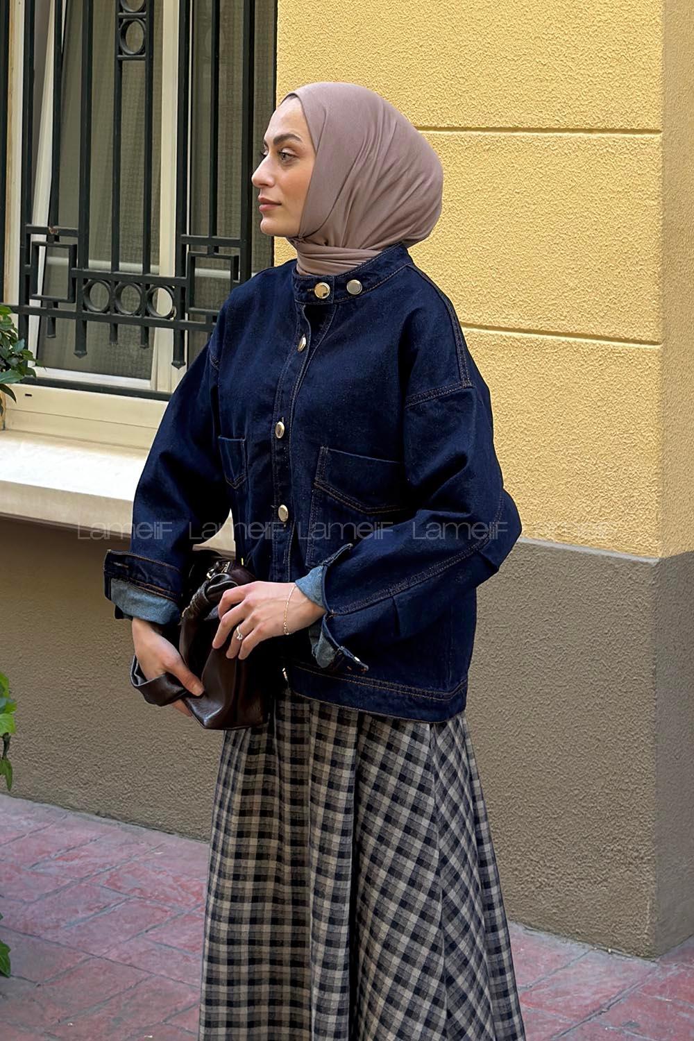 Lamelif Düğmeli Çift Cepli Denim Ceket Koyu Mavi