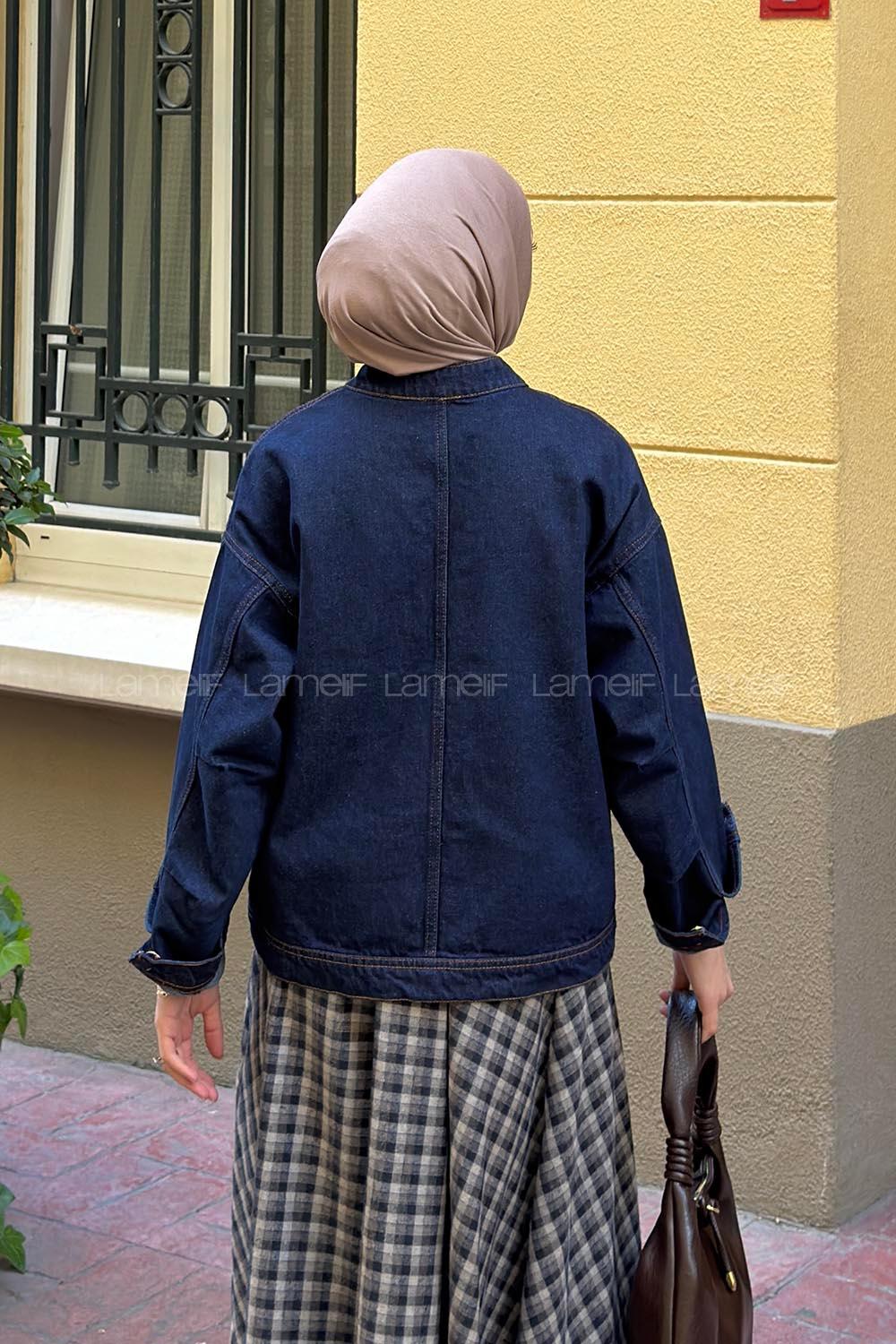 Lamelif Düğmeli Çift Cepli Denim Ceket Koyu Mavi