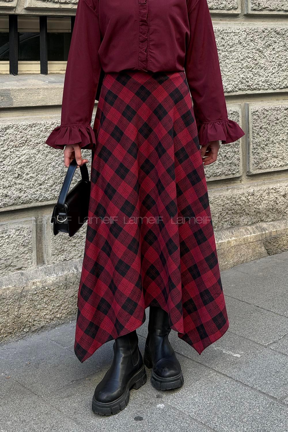 Lamelif Ekose Desen Etek Bordo