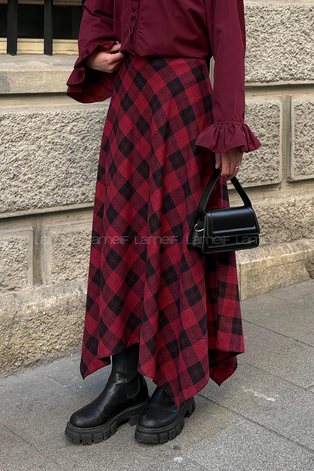 Lamelif Ekose Desen Etek Bordo