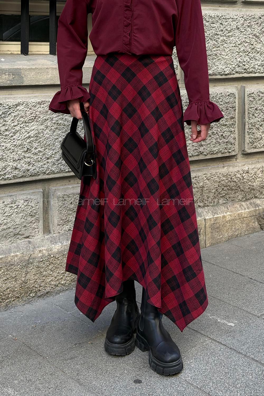 Lamelif Ekose Desen Etek Bordo