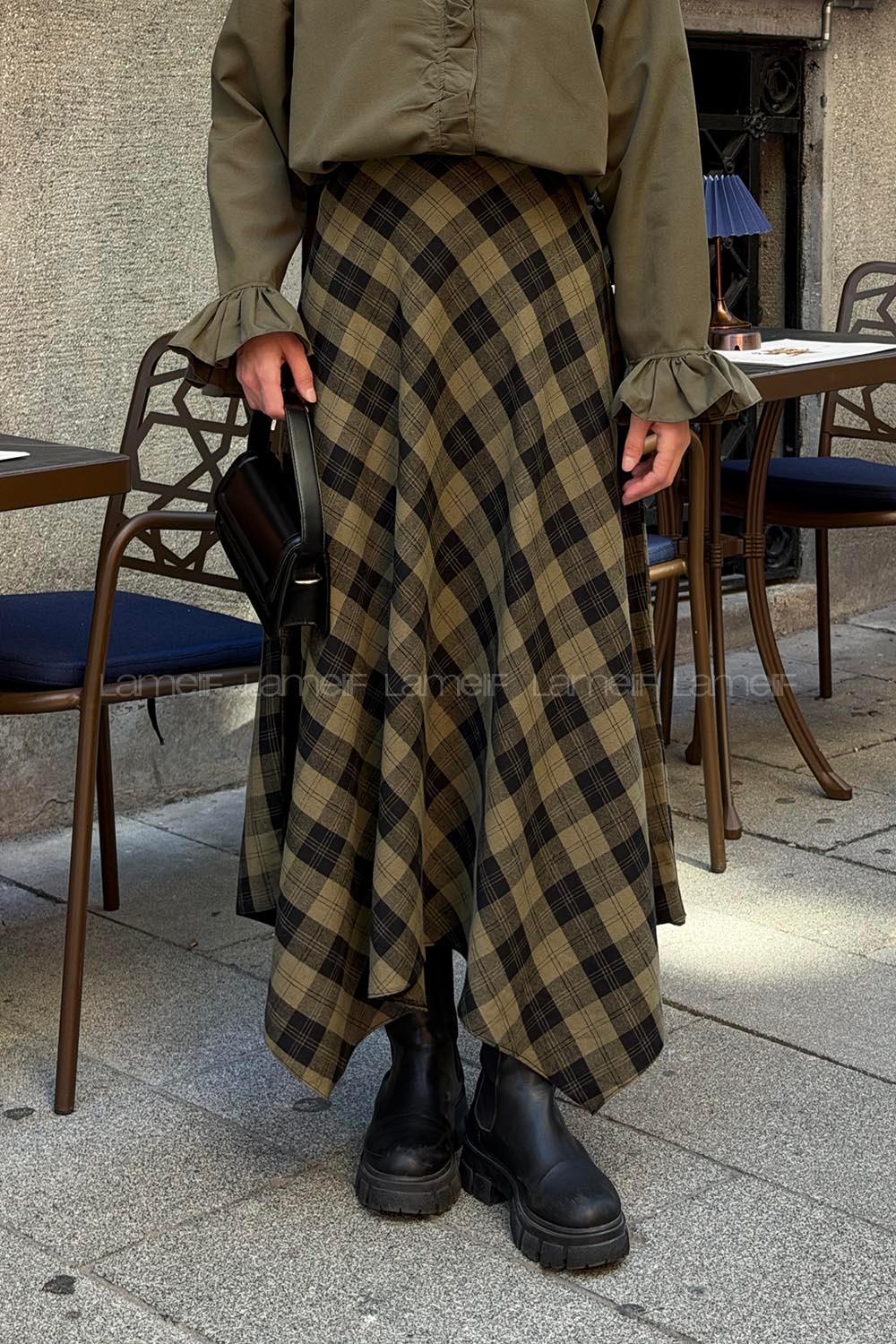 Lamelif Ekose Desen Etek Haki