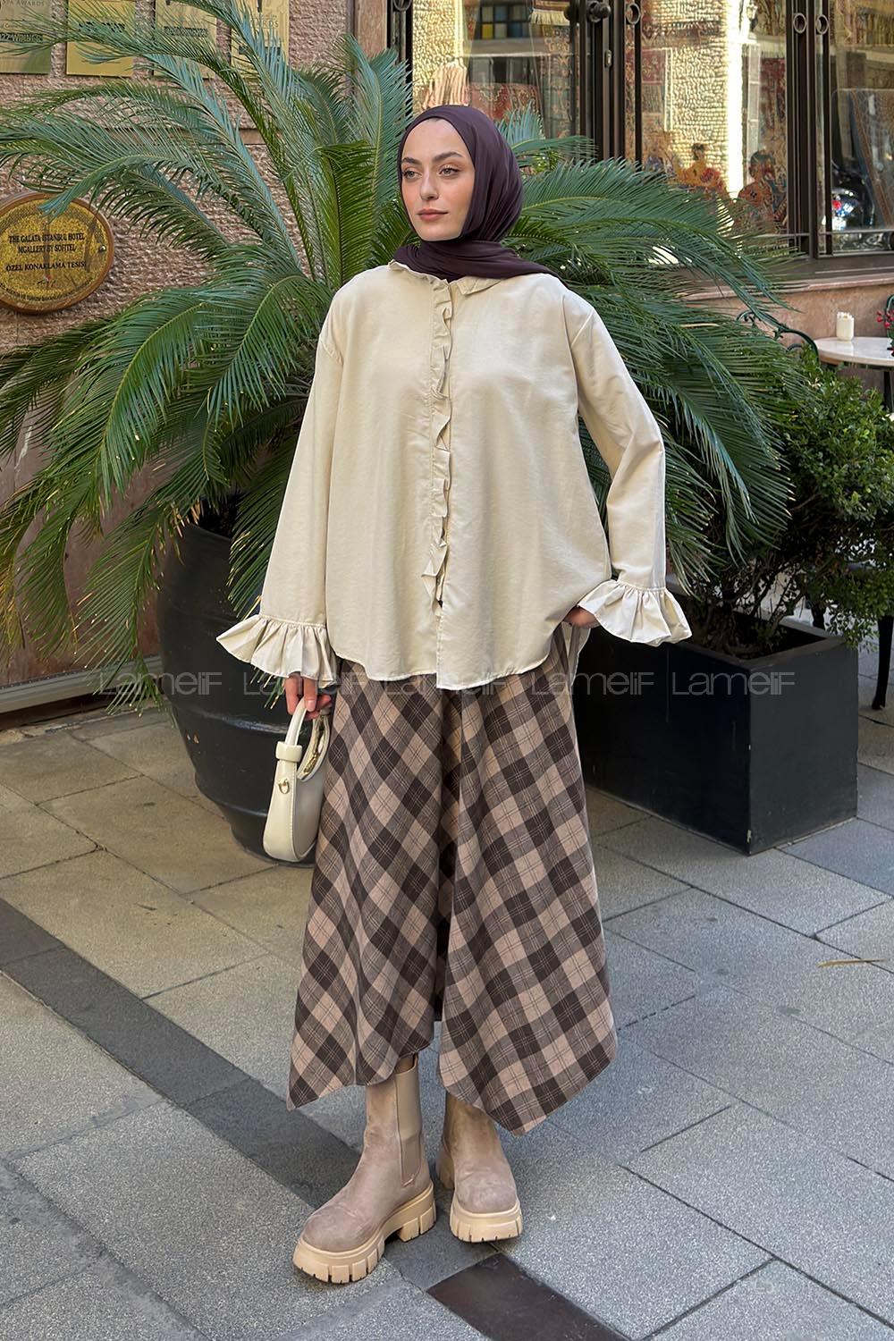 Lamelif Fırfırlı Gömlek Bej
