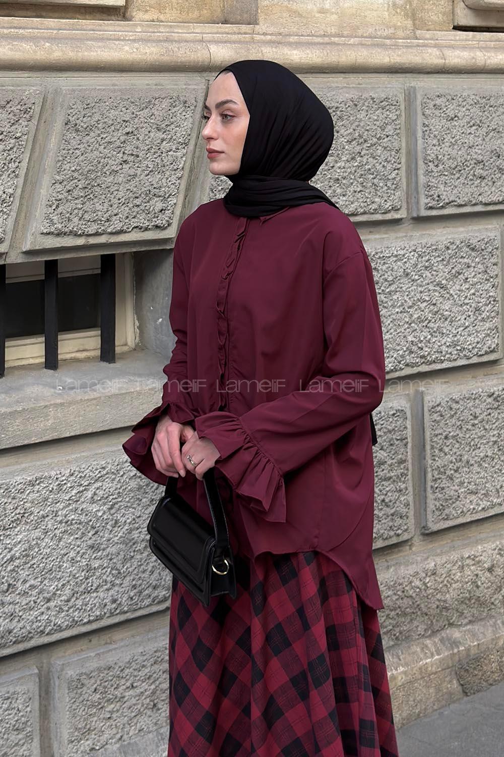 Lamelif Fırfırlı Gömlek Mürdüm