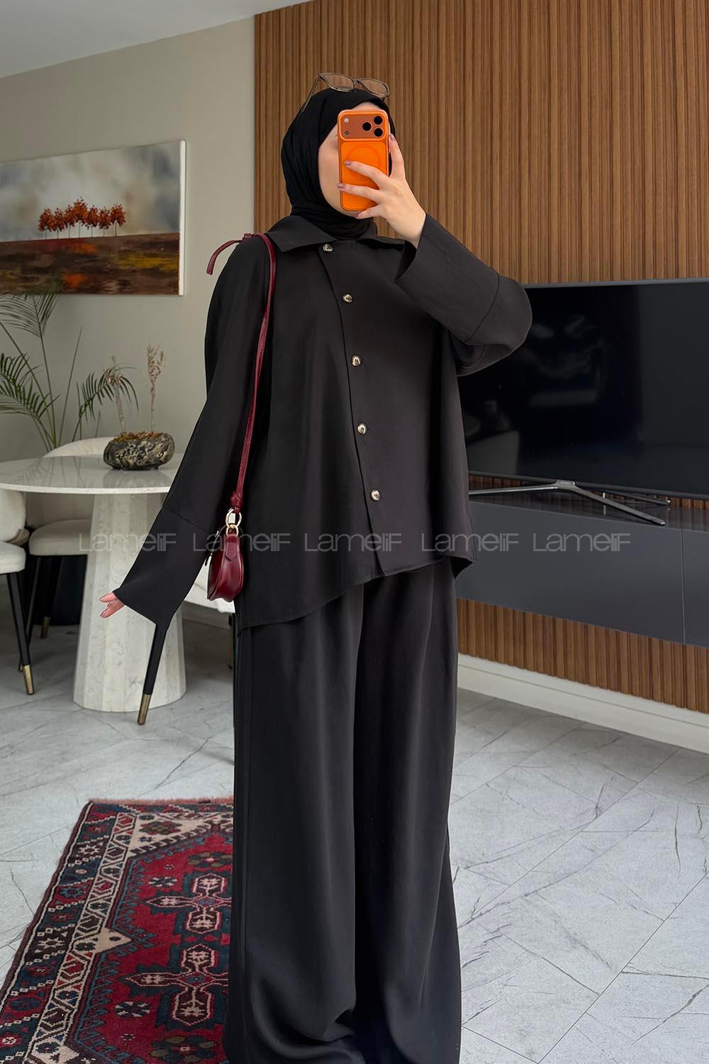 Lamelif Gömlek Yaka Tasarım Düğme Kapamalı İkili Takım Siyah