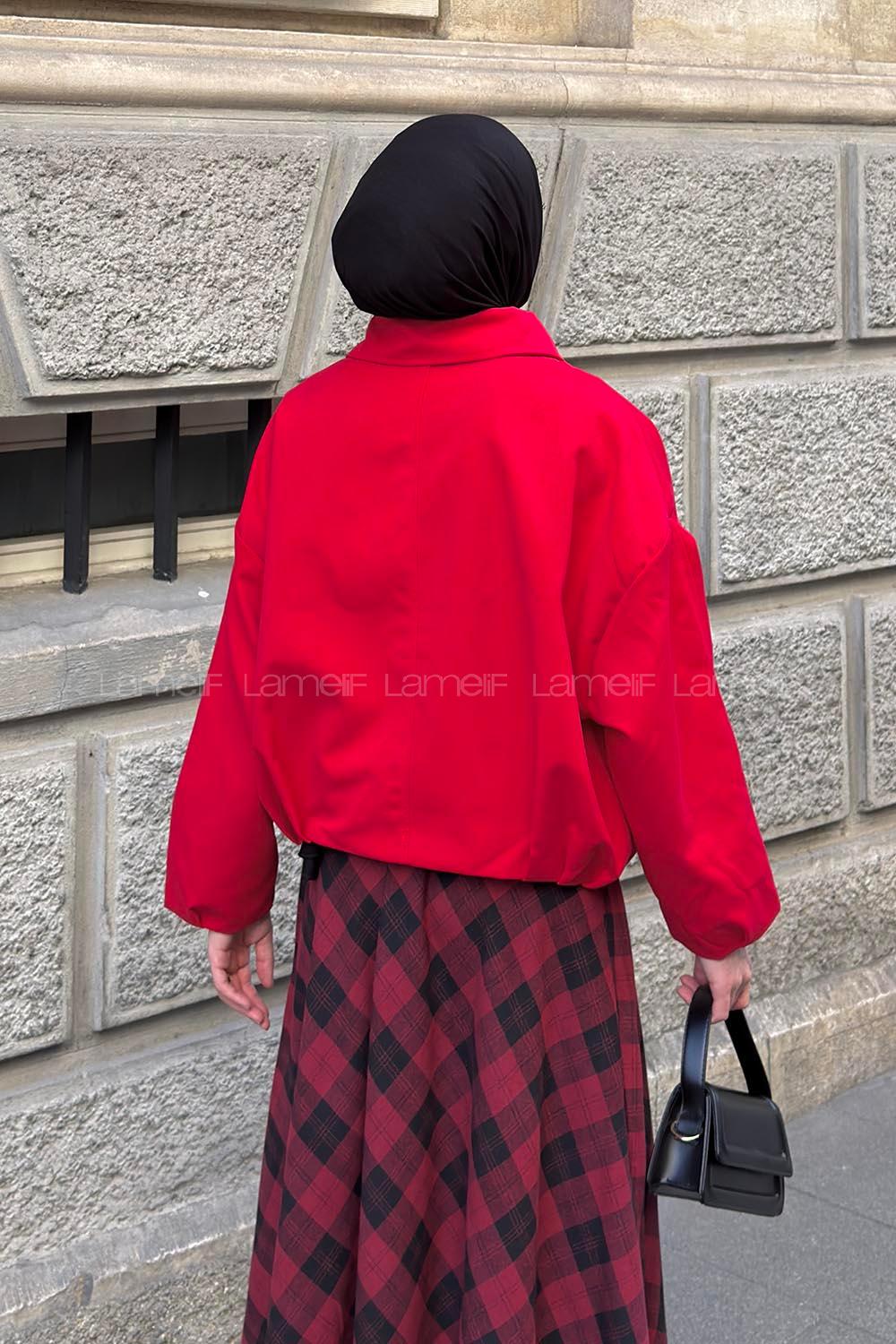 Red Shirt Collar Long Arm Lycra Polyester Jacket