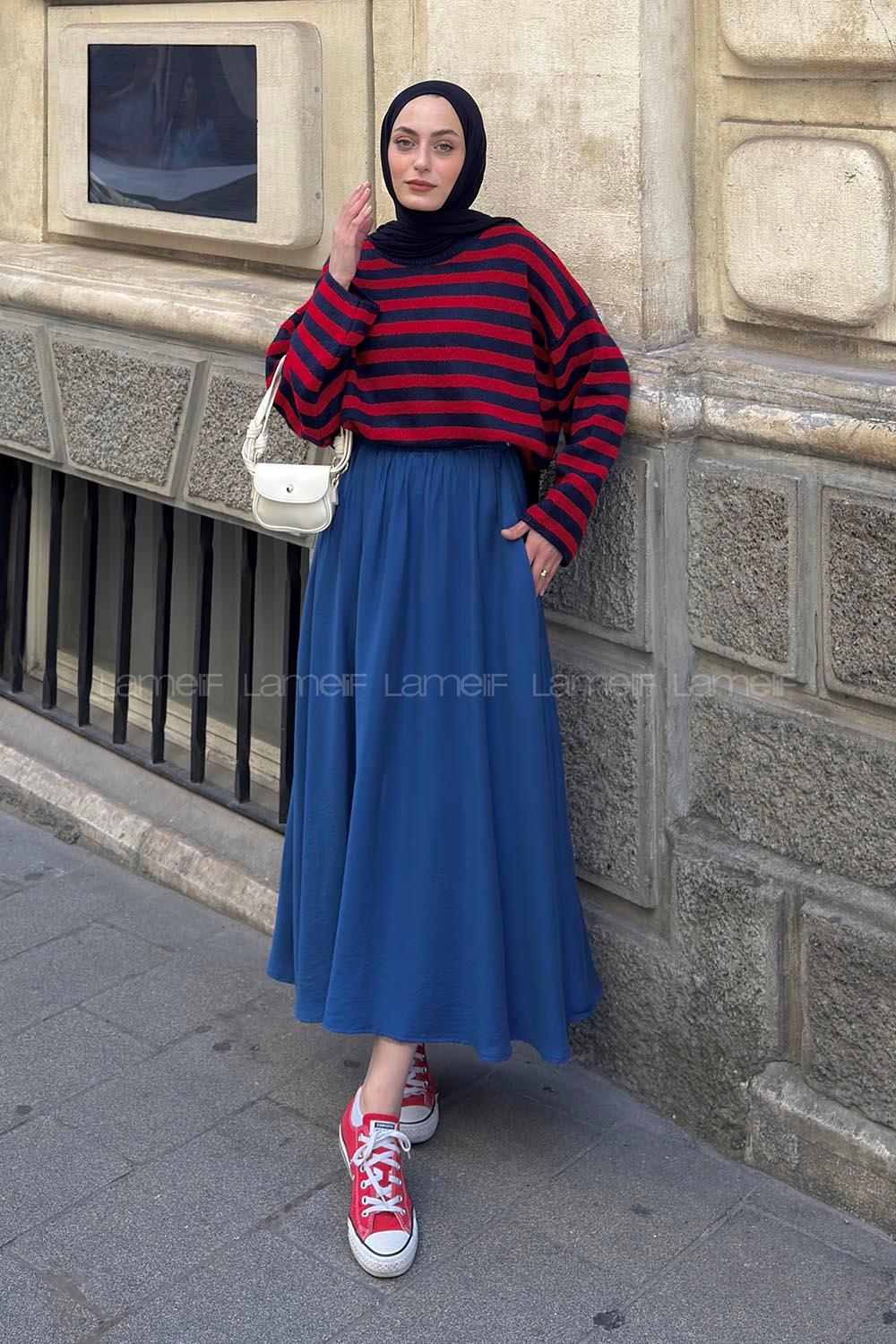 Lamelif Oversize Çizgili Triko Kazak Lacivert