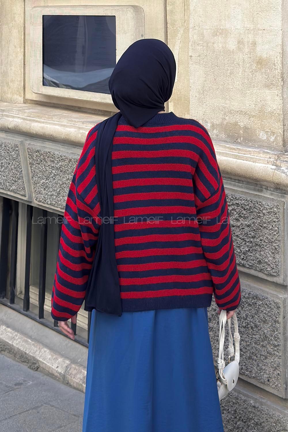 Lamelif Oversize Çizgili Triko Kazak Lacivert
