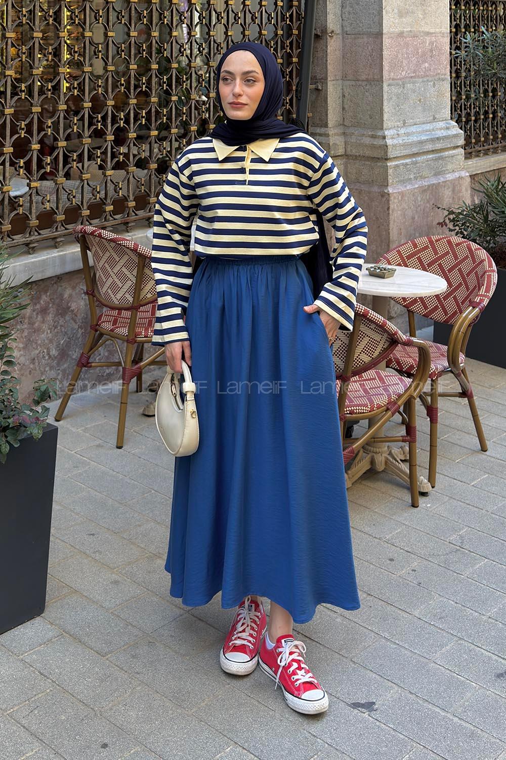 Lamelif Polo Yaka Düğmeli Çizgili Sweat Sarı Lacivert